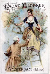 Illustration publicitaire pour le cacao Blooker représentant un jeune homme à la mode du 18ème siècle aidant une jeune femme à descendre d
