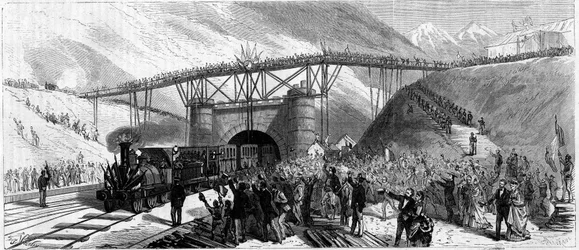 Inauguration du tunnel du Mont Cenis (Monte Cenisio) en 1871. Arrivée du train invité à Bardonneche (Bardonecchia)