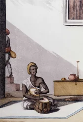 Culture et civilisation indiennes : musicien jouant des tablas, instrument de musique traditionnel, Inde. Gravure de 1808.