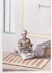 Culture, civilisation et société indiennes : musicien avec percussion traditionnelle indienne. Gravure de 1808.