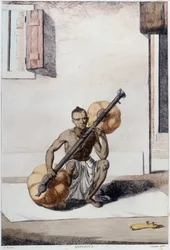 Culture, civilisation et société indiennes : musicien avec instrument à cordes traditionnel indien. Gravure de 1808.