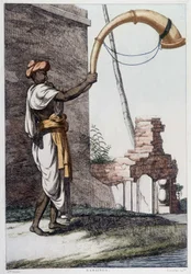 Culture, civilisation et société indiennes : musicien avec instrument à vent traditionnel indien (Sournae). Gravure de 1808.