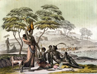 Indien du Botswana (Bechuanaland). Gravure de « Le costume ancien et moderne » par Jules Ferrario