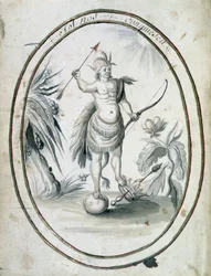 Indien du Canada avec son arc et ses flèches - frontispice du manuscrit « Dialogue ou entretien d