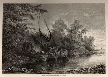 Indiens Tapuyas (Brésil) coincés sur leurs bateaux, attendant le retour de la marée