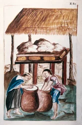 Indiens fabriquant du fromage, du livre "Trujillo del Peru" ou "Códice Martínez Compañón", par Baltazar Martinez Compañón y Bujanda, évêque de Trujillo (1782-1785)