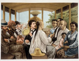 Indonésiens et Occidentaux dans un bus indonésien - « Het kamerlind van Berkentstein in Nederlandsch-Indie » par MTH Perelaer - Leiden - AW Sijjhoff dessins par JC Rappard - Batavia « dans un transport » de eerste avond aan wal