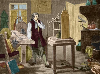 James Watt étudiant le perfectionnement de la machine de Newcomen (1767) - dans « Album de la Science; scientifiques illustres; Grandes découvertes » 1896