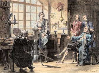 Joseph Black visitant James Watt dans son atelier de Glasgow