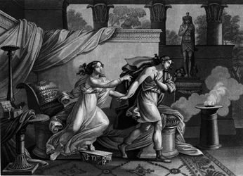 Joseph fuyant la femme de Putiphar cherchant à le séduire. Lithographie du 19e siècle
