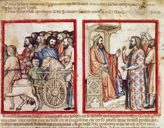 Joseph à gauche pour les funérailles de son père, il suit après le Pharaon Miniature du codex 212 (ou padovano codice ou Bible de Padoue) 1390-1400 Rovigo, Accademia dei Concordi