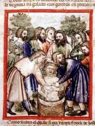 Joseph vendu par ses frères et jeté dans le puits. Miniature du codex 212 (ou codice padovano ou Bible de Padoue) 1390-1400 Rovigo, Accademia dei Concordi