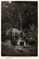 Kanaks cuisinant dans les bois, sur le territoire de Pamale. Gravure pour illustrer le voyage à la Nouvelle-Calédonie, par Jules Garnier, ingénieur civil des mines, en 1863-1866, publié dans "Le tour du monde, nouveau journal des voyages", édité par Edouar