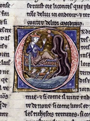 Roi Modreius. Manuscrit : Conquête du Saint Graal, écrit 717 ans après la passion de notre seigneur. Bibliothèque municipale de Rennes, ms. 255 (Collection de romans de la Table Ronde); Paris
