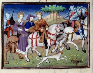 Le roi Philippe VI de Valois et la reine blanche de Navarre (?) partant à la chasse Miniature tirée du "Livre de la chasse" de Gaston III Phoebus, comte de Foix, seigneur de Béarn (1331-1391)