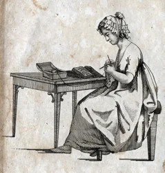 Machine à tricoter : femme occupée à tricoter de la laine. Gravure fin XVIIIe siècle. Collection privée.