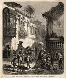 La casa de la Merced (maintenant rue Mercy) à Saint Augustine, la plus ancienne ville des États-Unis, fondée par les Espagnols en 1565; rue principale de la ville, petite et peuplée, avec divers animaux et un mélange singulier de diverses traditions améric