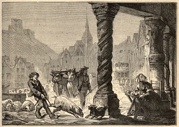 La grande rue un jour de marché à Dol de Bretagne - gravure dans « PATRIE - DESCRIPTION PICTURESQUE DE LA FRANCE EN 6 VOLUMES » par Lucien Huard - fin du 19ème siècle