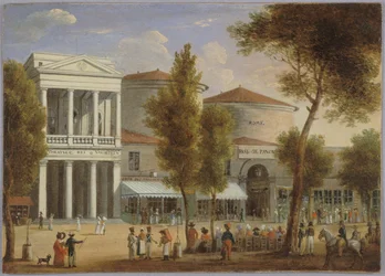 Le théâtre des Variétés et le passage des Panoramas, boulevard Montmartre, vers 1825