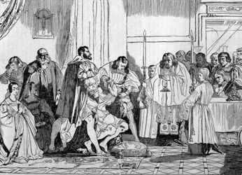 Léonard de Vinci mourant dans les bras de François Ier (1494 - 1547) en 1519 à Clos Lucé. Gravure.