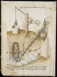 Systèmes de levier pour puits et alimentation en eau par roue à vis - Manuscrit : feuille de parchemin d