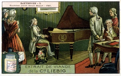 Chromolithographie Liebig. Ludwig van Beethoven (1770/1827) joue devant Wolfgang Amadeus Mozart (1756/1791). Ici en 1787