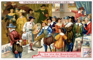 Chromolithographie Liebig sur la vie de Rembrandt (1606 - 1669), peintre néerlandais. Ici la ronde de nuit en 1642