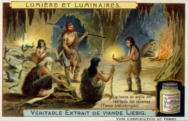 Lumière et luminaires : la lampe en argile des habitants des cavernes pendant la préhistoire. Illustration sur les emballages Liebig