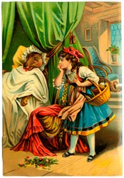 Le Petit Chaperon Rouge découvre le loup dans le lit de sa grand-mère (Chromolithographie fin du 19ème siècle)