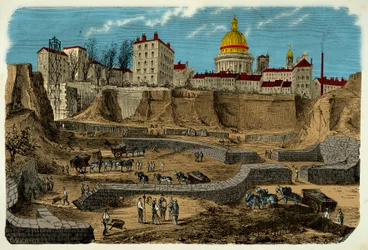 Emplacement du cirque gallo-romain datant du IIe siècle av. J.-C., découvert en 1870 lors du percement de la rue Monge à Paris, gravure XIXe siècle