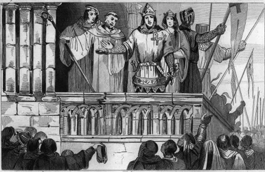 Louis VII (1120-80) le Jeune lève des soutiens pour la Deuxième Croisade en 1144 - Louis VII entreprend la 2e Croisade après les conseils de Saint Bernard de Clairvaux - Gravure de 1825 dans « Histoire de France représentée par synoptique »