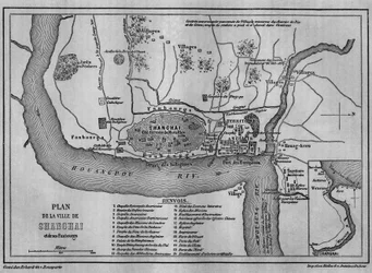 Carte de la ville de Shanghai en 1860, vue de la vieille ville chinoise et des concessions étrangères en 1860. Carte dans "Le Tour du Monde, Nouveau journal des Voyages", édité par Edouard Charton, Paris