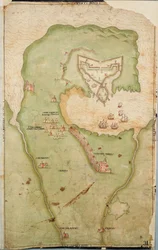 Carte de Smerwick, Irlande, montrant le terrassement anglais avec deux canons pour attaquer le fort espagnol et les soldats anglais sortant de Castell More