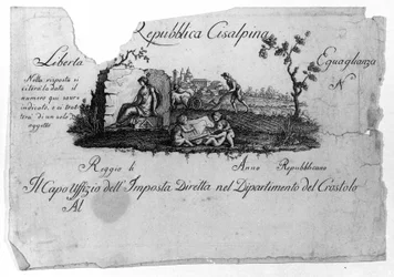 Carte de la République cisalpine, créée par Napoléon Bonaparte le 27/06/1797 sur le modèle français en Italie, devenue la République italienne en 1802. Les valeurs de la République française y sont inscrites (Liberté, Égalité). Gravure Museo del ri