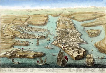 Carte du port de Malte, ses fortifications et le château. Gravure du 18ème siècle