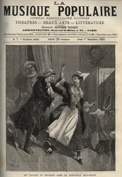 Marie Justine Benoîte Duronceray, dite Madame Favart, et Rochart (Rochard) dans « La Servante maîtresse » (La serva padrona) de Pergolèse (Giovanni Battista Pergolesi) - gravure dans « La musique populaire » journal hebdomadaire illustré - 1882