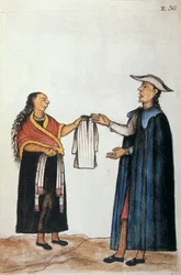 Arrangement de mariage entre Indiens, négociation sur la tenue de la mariée, du livre "Trujillo del Peru" ou "Códice Martínez Compañón", par Baltazar Martinez Compañón y Bujanda, évêque de Trujillo (1782-1785)