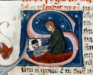 Médecine : une personne malade guérit à domicile. Détail. Page de manuscrit (ms.d.xxv) « Traité de Galien » (Trattato di Galeno) traduit par Nicola da Reggio, philologue et médecin. XIVe siècle Cesena, Biblioteca Malatestiana