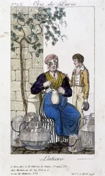 Laitière versant du lait dans une bouteille pour un jeune homme - dans « Cris de Paris », début 19ème siècle