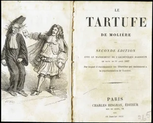 Molière effrayant un ecclésiastique avec un masque de théâtre - Frontispice du "Tartuffe" de Molière, éd. Hingray, Paris