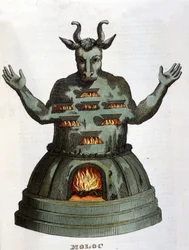 Moloch. Ancienne divinité carthaginoise. Nous lui sacrifiions les enfants en les jetant dans les flammes. Gravure du XIXe siècle.