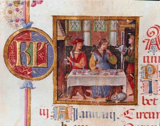 Mois de janvier : scène de banquet. Miniature du Bréviaire d