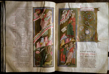 Moïse recevant les tables de la loi Double page du manuscrit « Gebhardt Bibel » (Admont) (f.68v., 69r) XIIe siècle Vienne, Osterreischische Nationalbibliothek
