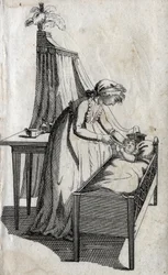 Mère et bébé dans un berceau. Gravure de la fin du XVIIIe siècle. Collection privée.