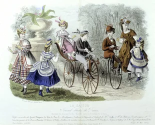 Mères, enfants et vélos à la maternelle (mode enfantine) - dans "Le journal illustré des dames"