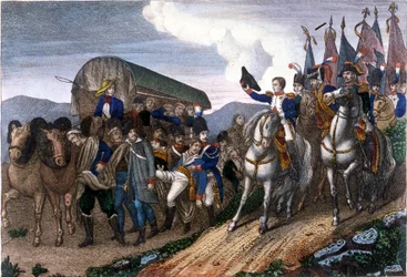 Napoléon salue les soldats blessés. Gravure du 19ème siècle.