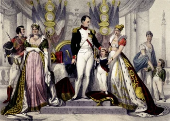 Dynastie napoléonienne de 1804 à 1815. Joséphine, Napoléon Ier, Roi de Rome, Marie Louise. Gravure du 19ème siècle