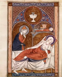 Nativité : la Vierge Marie est représentée ici allongée sur un lit Page tirée du manuscrit Psalterium Cum Calendario 13ème siècle Padoue, bibliothèque du séminaire
