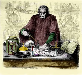 Nicolas Flamel (1330 - 1418) dans son laboratoire.