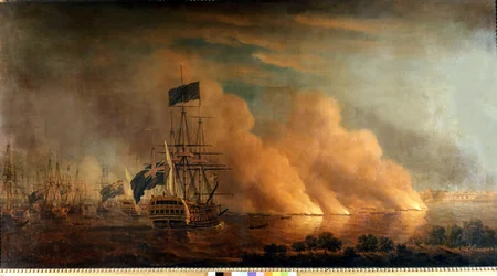 Attaque nocturne des brûlots français contre la flotte anglaise dans le port de Québec : prise par les Anglais le 28/06/1759. Peinture.